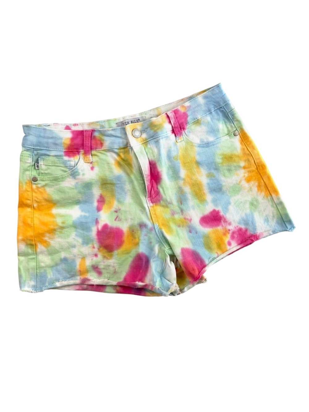Judy‎ Blue Rainbow Tie Dye Denim Jean Shorts Frayed Raw Hem Festival Vibrant (M)